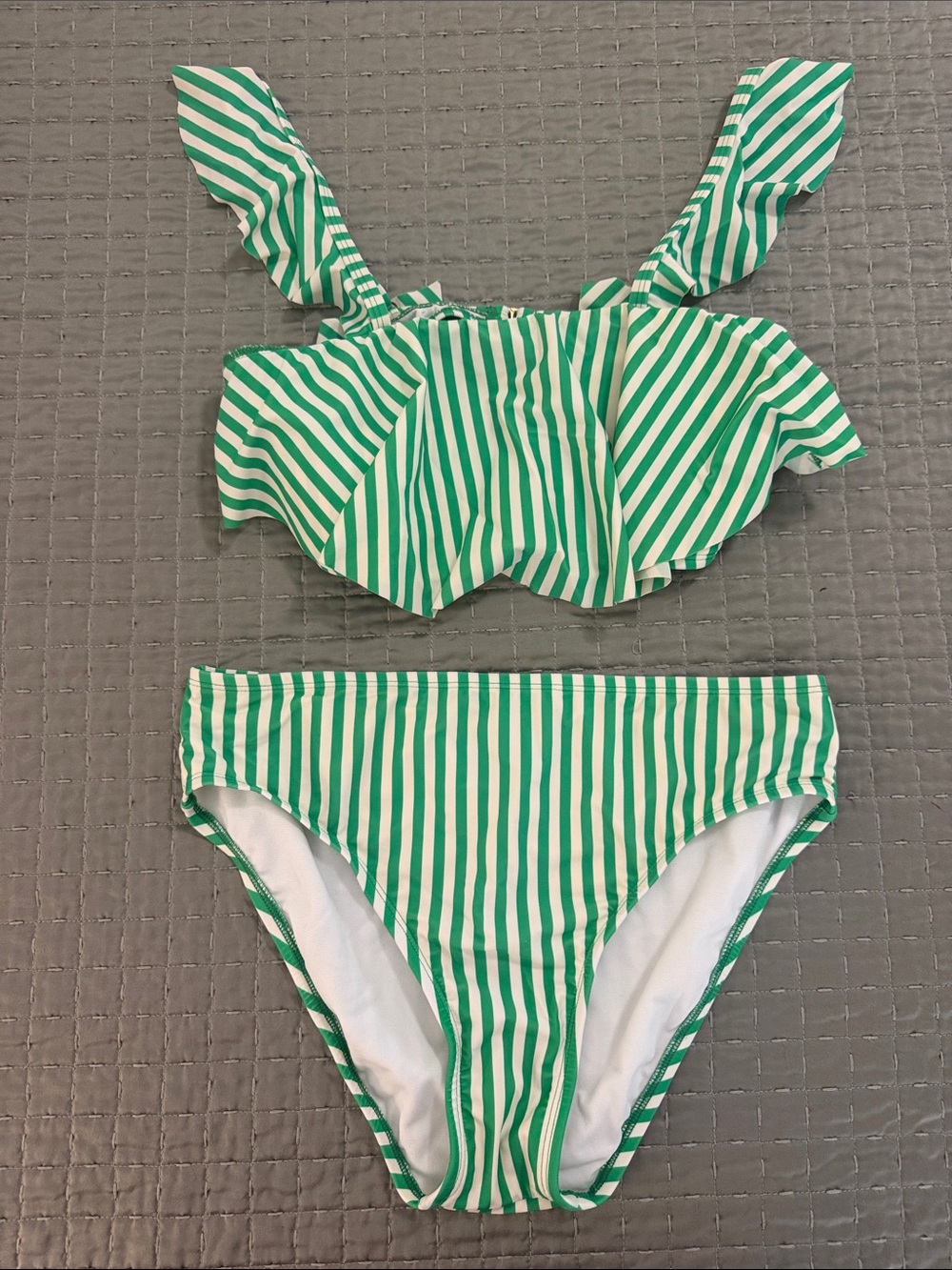 Green & White Stripe Ruffle Bikini Top and Bottom